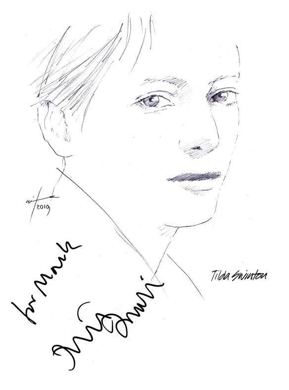 Autographed drawing of actress Tilda Swinton