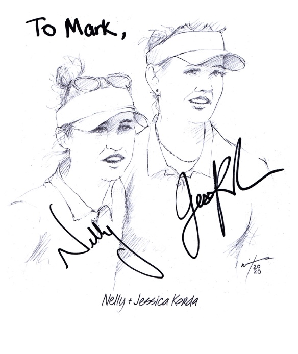 Autographed drawing of golfers Nelly and Jessica Korda