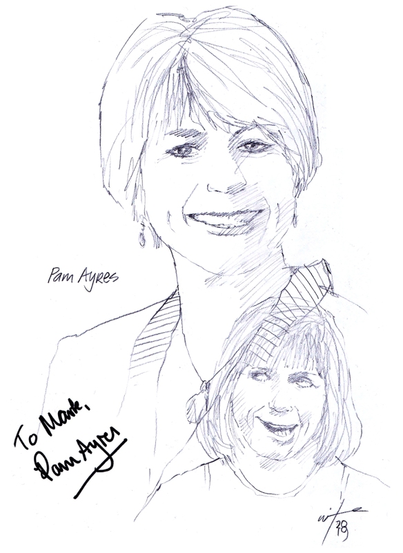 Autographed drawing of poet Pam Ayres